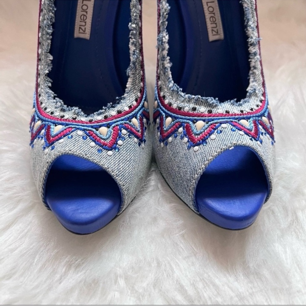 New! GIANMATCO LORENZI Denina Embellished Denim Peep Toe Pumps - Picture 3 of 12